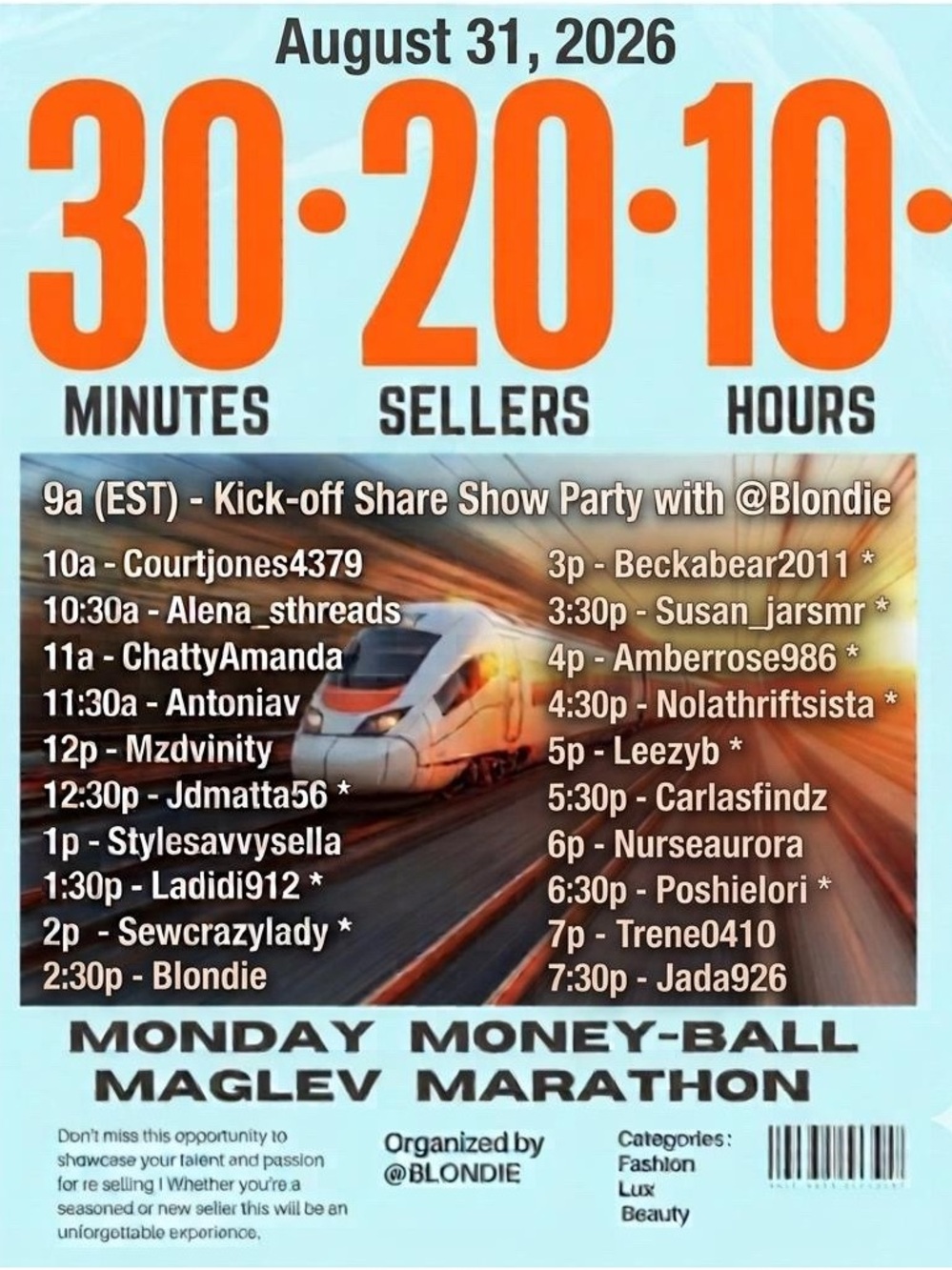 Monday Money-Ball Maglev Marathon, 08-31-26, 12:30 pm 30 minutes20Sellers10Hours